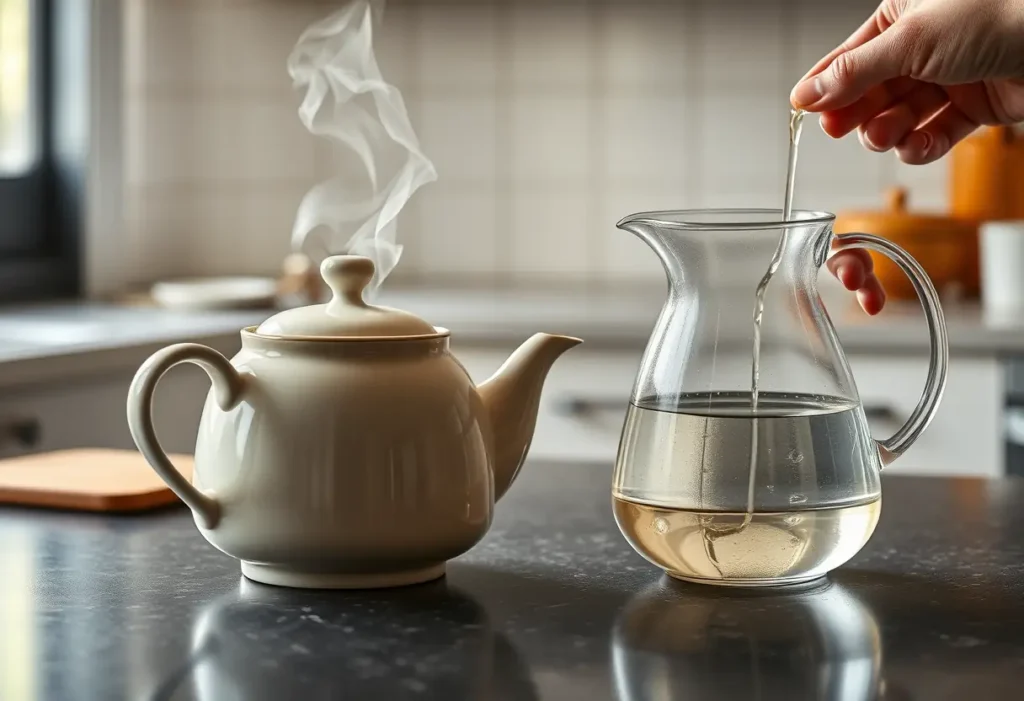 Sur un plan de travail de cuisine, une bouilloire en céramique fumante et une carafe en verre remplie d'eau, une main tendue vers la théière, lumière naturelle