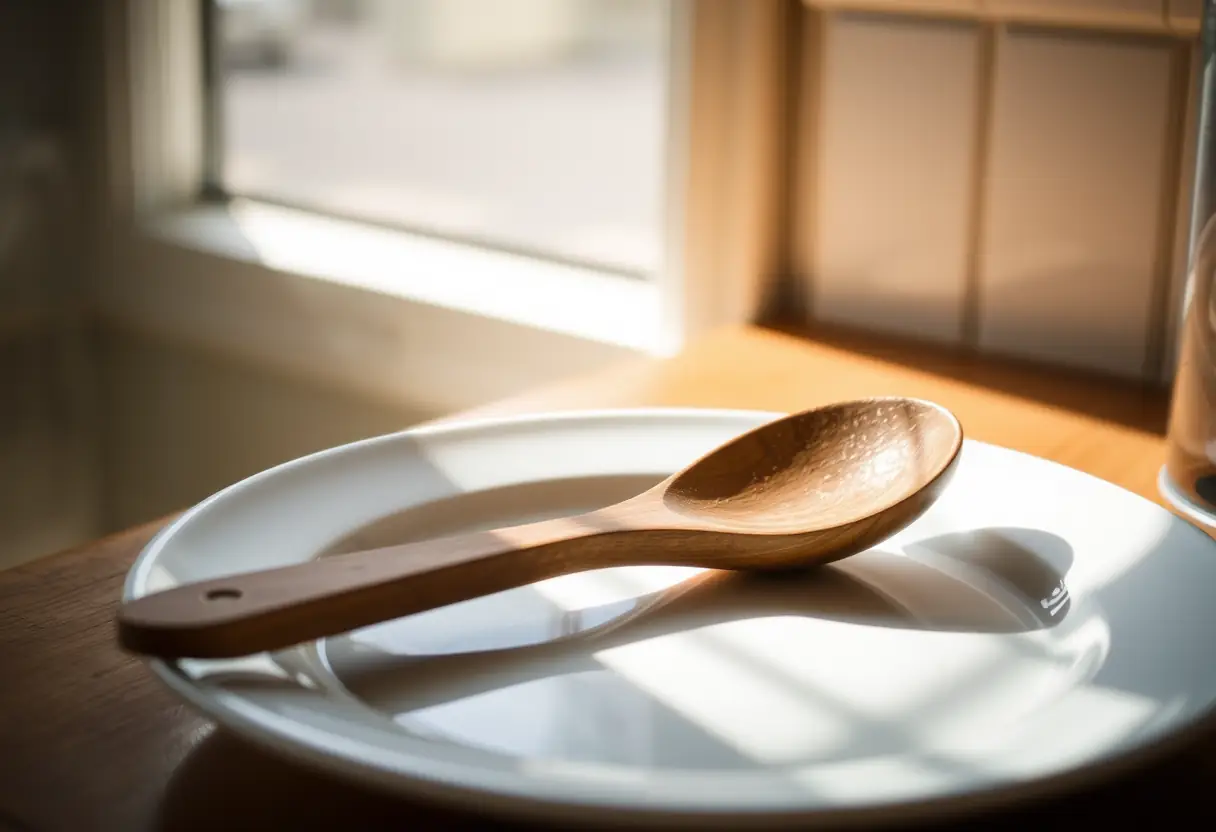 Cuillère en bois posée sur une assiette blanche dans la cuisine