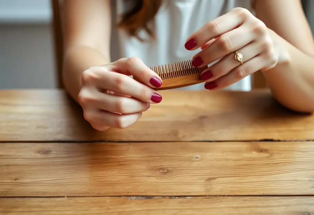 Une main féminine tient délicatement un peigne en bois, près d'une table en bois.