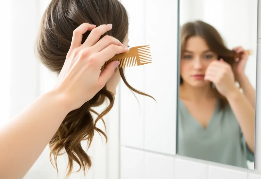 Une main féminine tient un peigne en bois devant un miroir de salle de bains, symbolisant la soin personnel.
