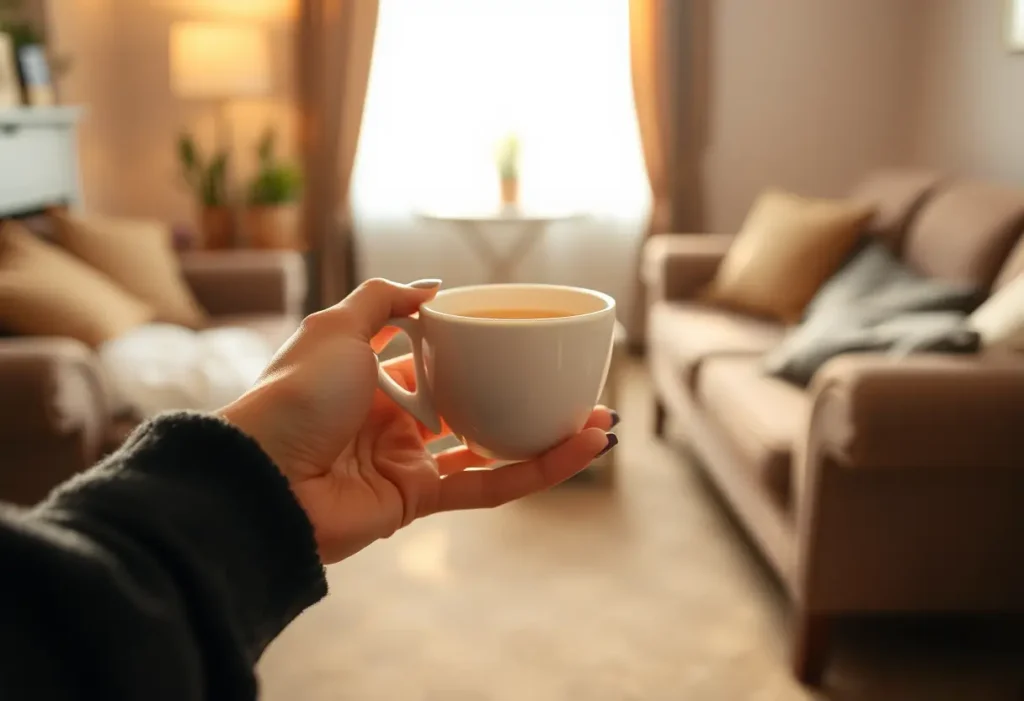 Une main féminine tenant une tasse de thé chaud dans un salon accueillant, éclairage naturel