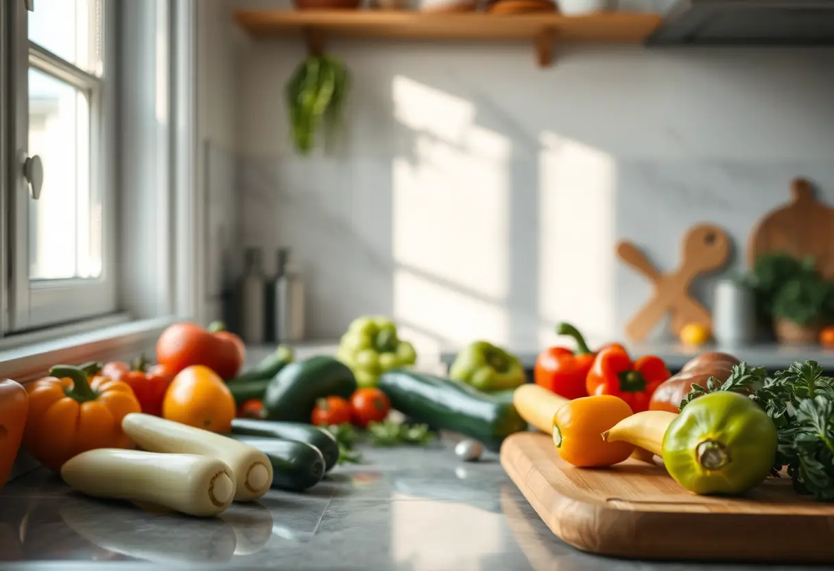 Un plan de travail de cuisine avec un plateau de bois et des légumes disposés soigneusement, éclairage matinal