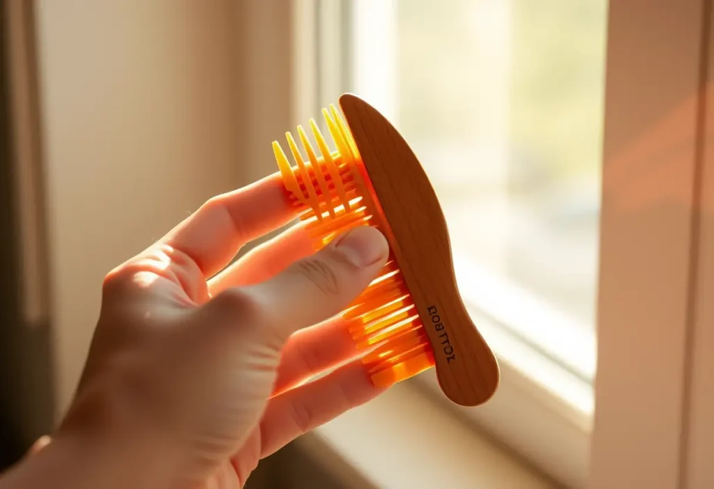Une main féminine tenant une brosse en bois, éclairée par la lumière naturelle