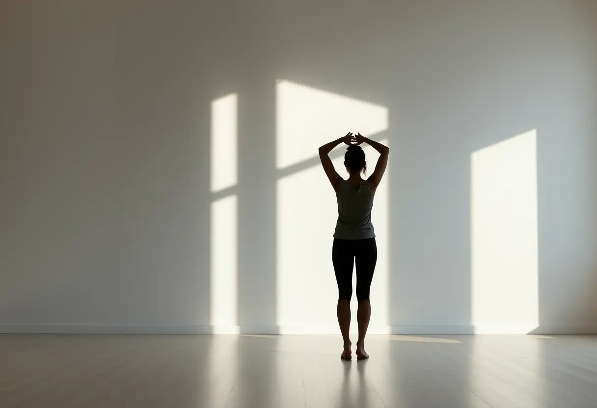 Une silhouette de femme s’étirant dans une pièce spacieuse, mettant en valeur l’importance de la posture