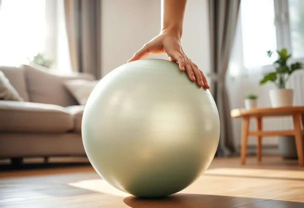 Main de femme tenant une balle d'exercice dans un salon