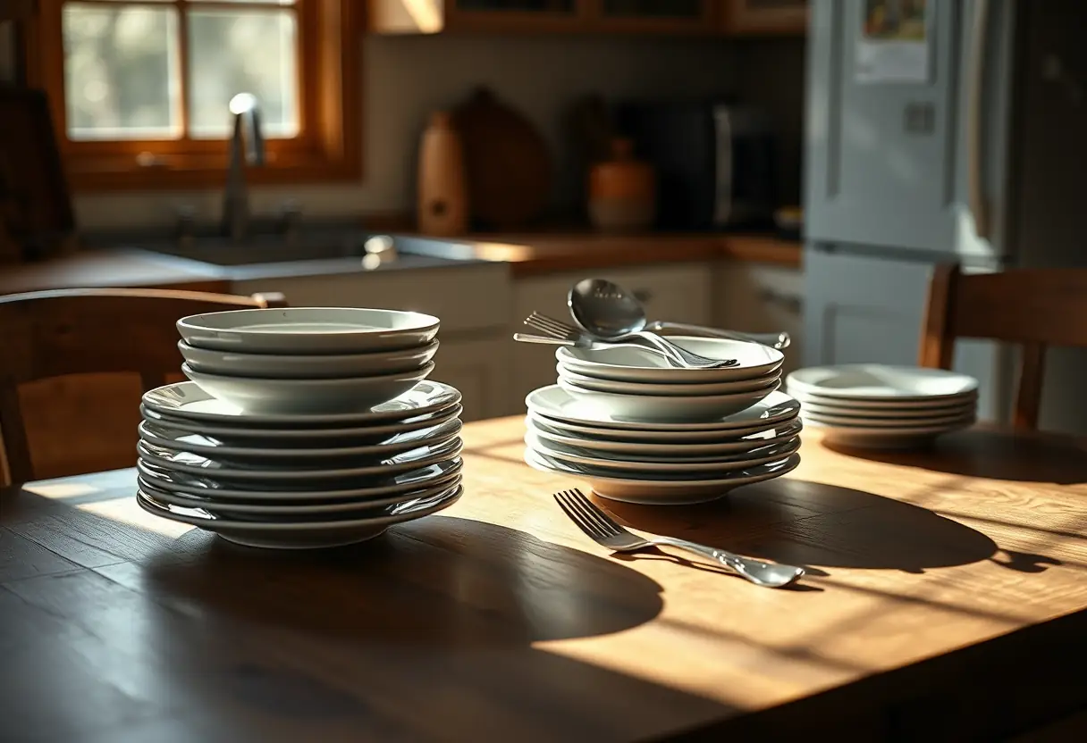 Table de cuisine avec vaisselle ordonnée