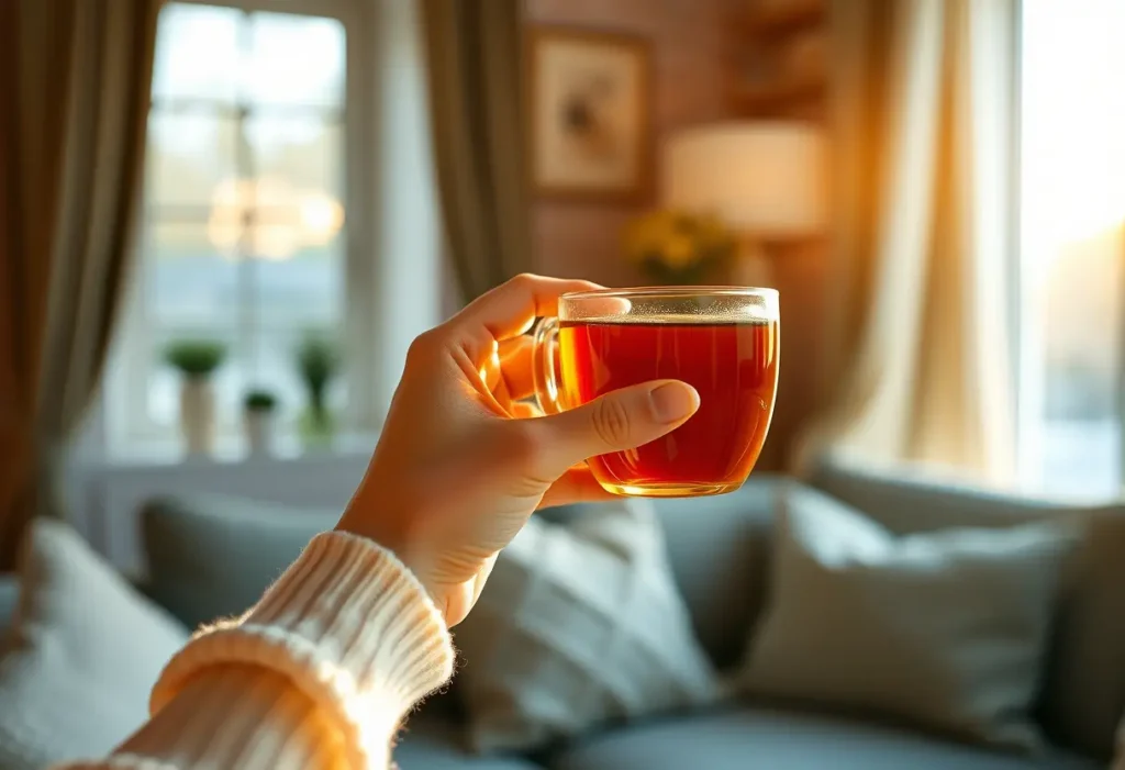 Une main tenant une tasse de thé chaud dans un salon accueillant, éclairée par la lumière naturelle