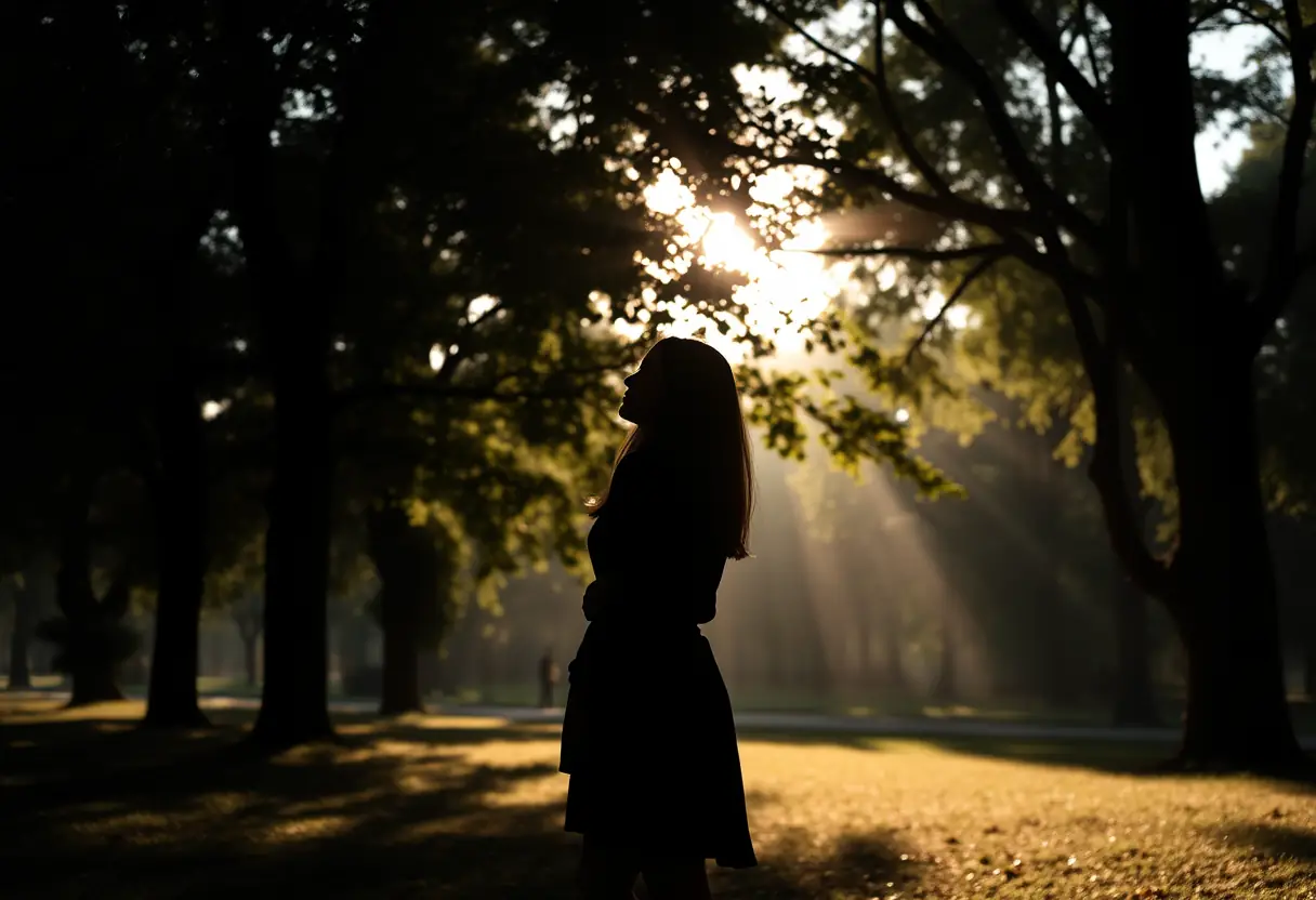 Silhouette d'une femme dans un parc au lever du jour, la lumière matinale filtre entre les feuilles