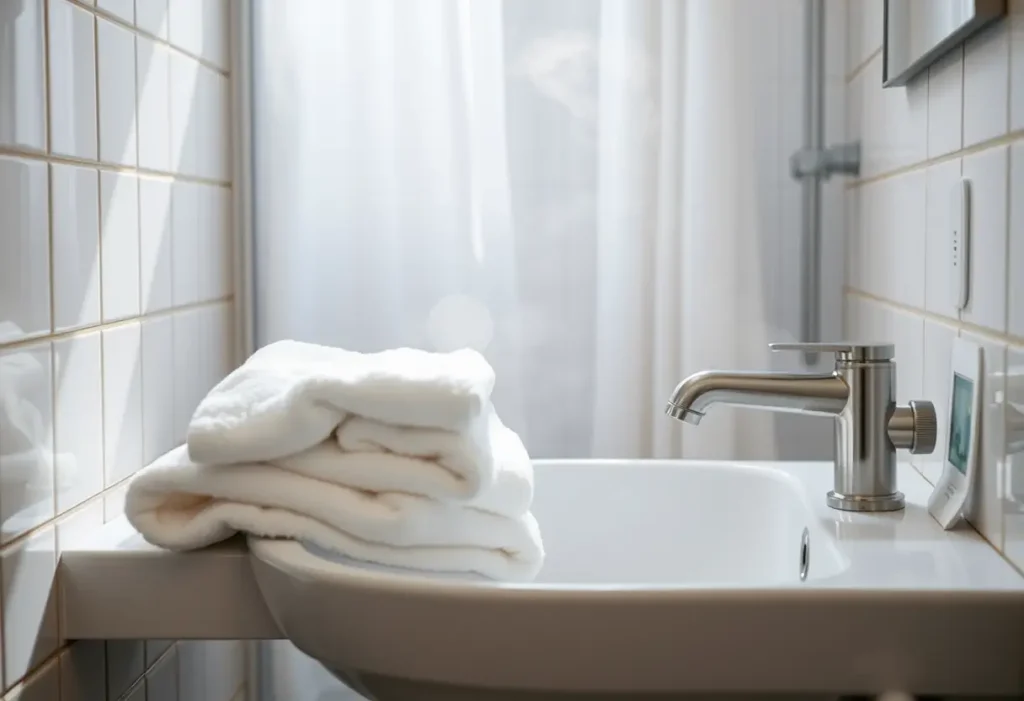 Un lavabo rempli de serviettes blanches propres dans une salle de bains