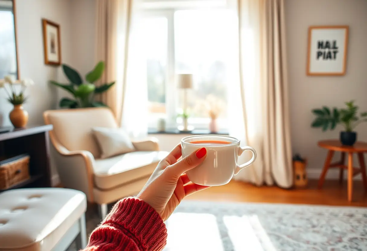 Un fauteuil confortable dans un salon, une femme tient une tasse de thé
