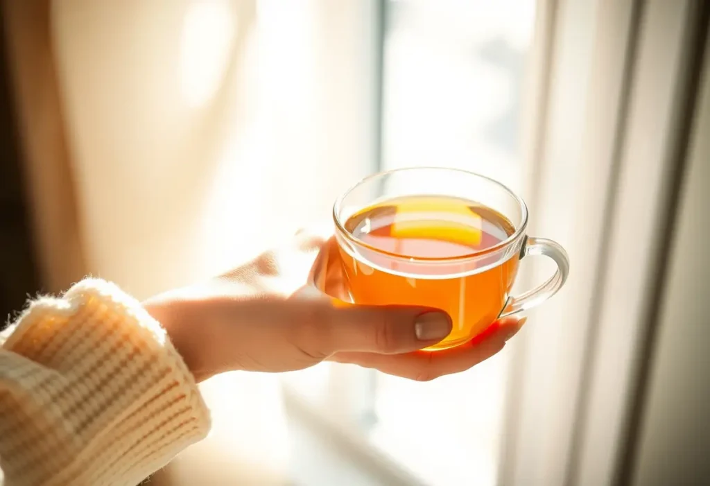 Une main féminine tenant une tasse de thé chaud, symbolisant le bien-être et la sérénité