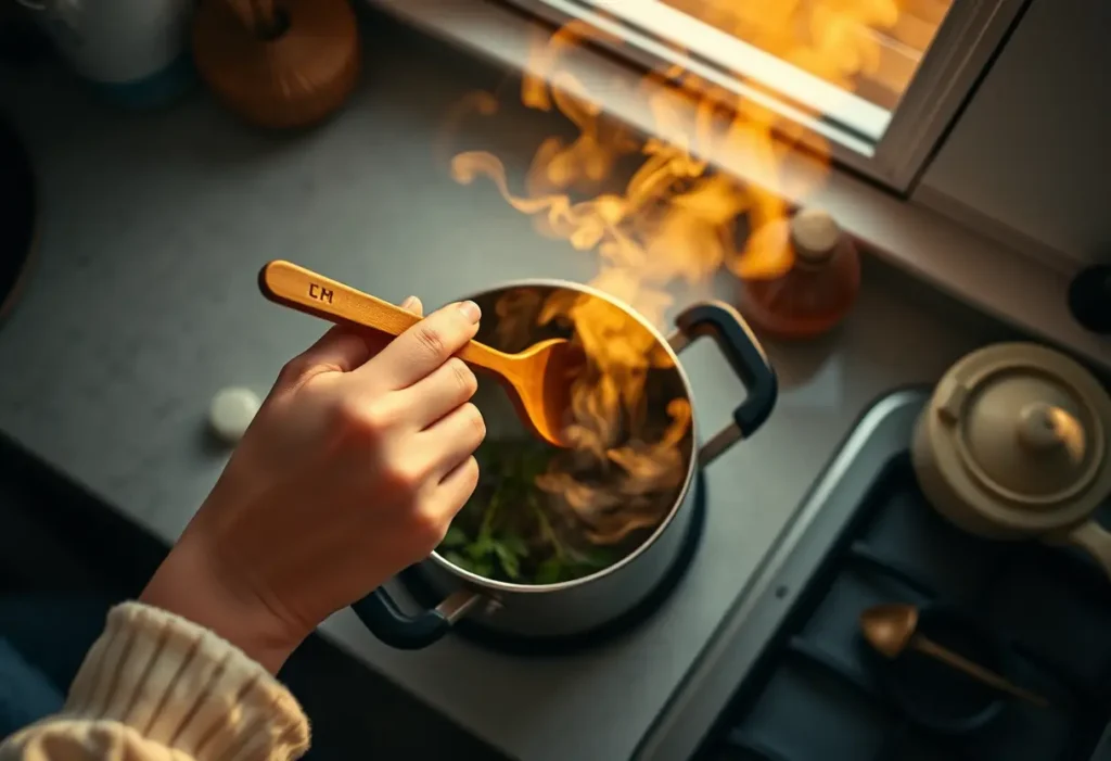 Une main féminine remue une tisane chaude dans la cuisine au crépuscule, symbolisant le bien-être et la sérénité.