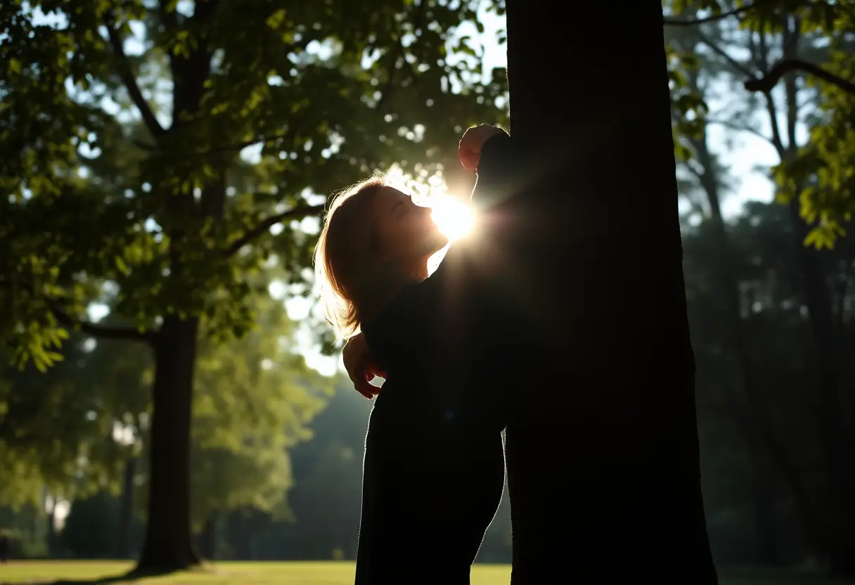 Un profil flou d'une femme étreignant un arbre dans un parc au petit matin, représentant l'harmonie avec la nature.