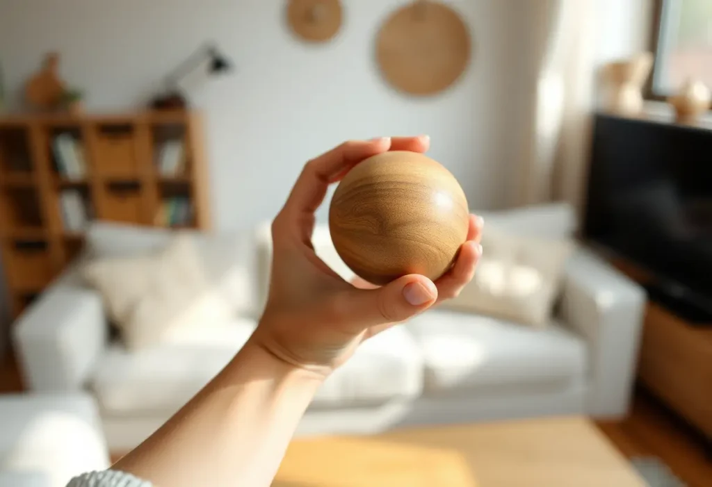 Main de femme tenant une petite balle en bois lisse, évoquant la pratique d'exercices de rééducation périnéale.