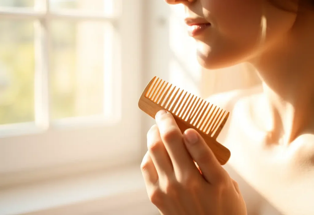 Une main féminine tenant délicatement un peigne en bois