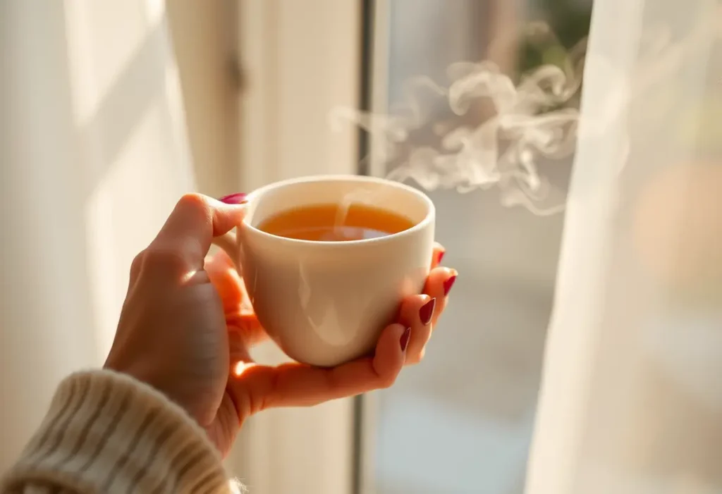 Une main féminine tenant une tasse de thé chaud, apportant chaleur et bien-être