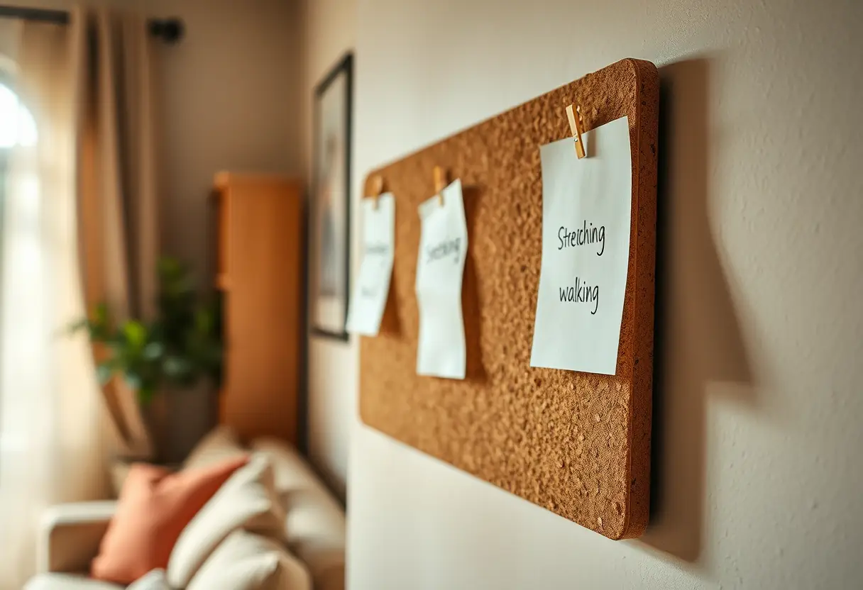 Un tableau d’annonces accroché dans un salon confortable, avec des notes rappelant des activités quotidiennes comme "étirer" et "marcher"