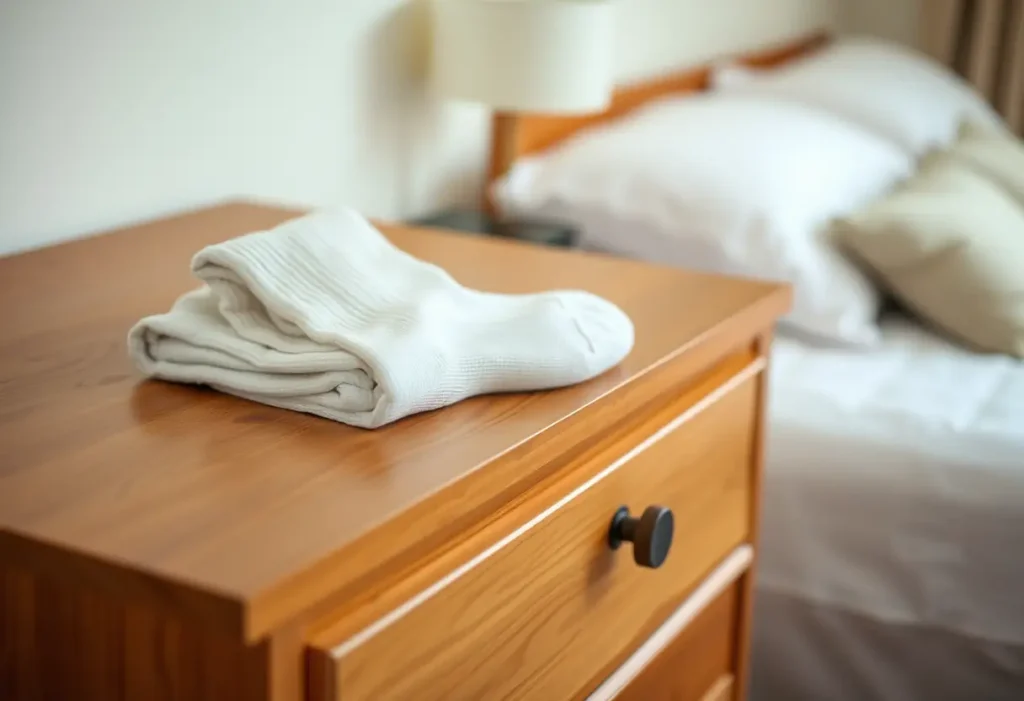 Un paire de chaussettes en coton pliées soigneusement sur une commode en bois dans une chambre, représentant les petits gestes vers la santé personnelle