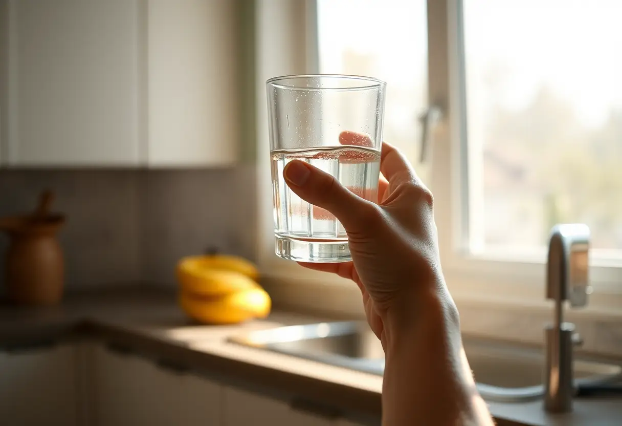 Une main tenant un verre d'eau près d'une fenêtre de cuisine où la lumière du soleil filtre, illustrant l'importance de l'hydratation et de l'autonourrissement
