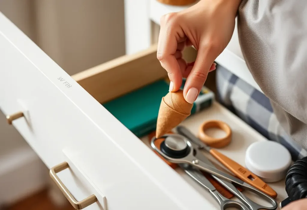 Une main posant délicatement un objet de soin dans un tiroir, symbole de la prise en charge du périnée
