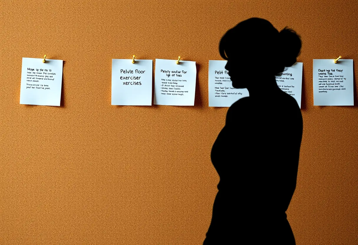 Un profil féminin contre un tableau mural avec des notes sur les exercices de renforcement du plancher pelvien