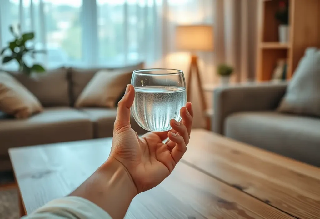 Une main tenant un verre rond d'eau posé sur une table en bois dans un salon chaleureux.