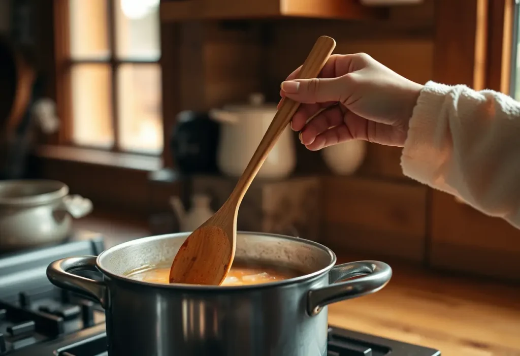 Une main féminine tient une cuillère en bois dans une cuisine accueillante, symbolisant le bien-être par la cuisine.