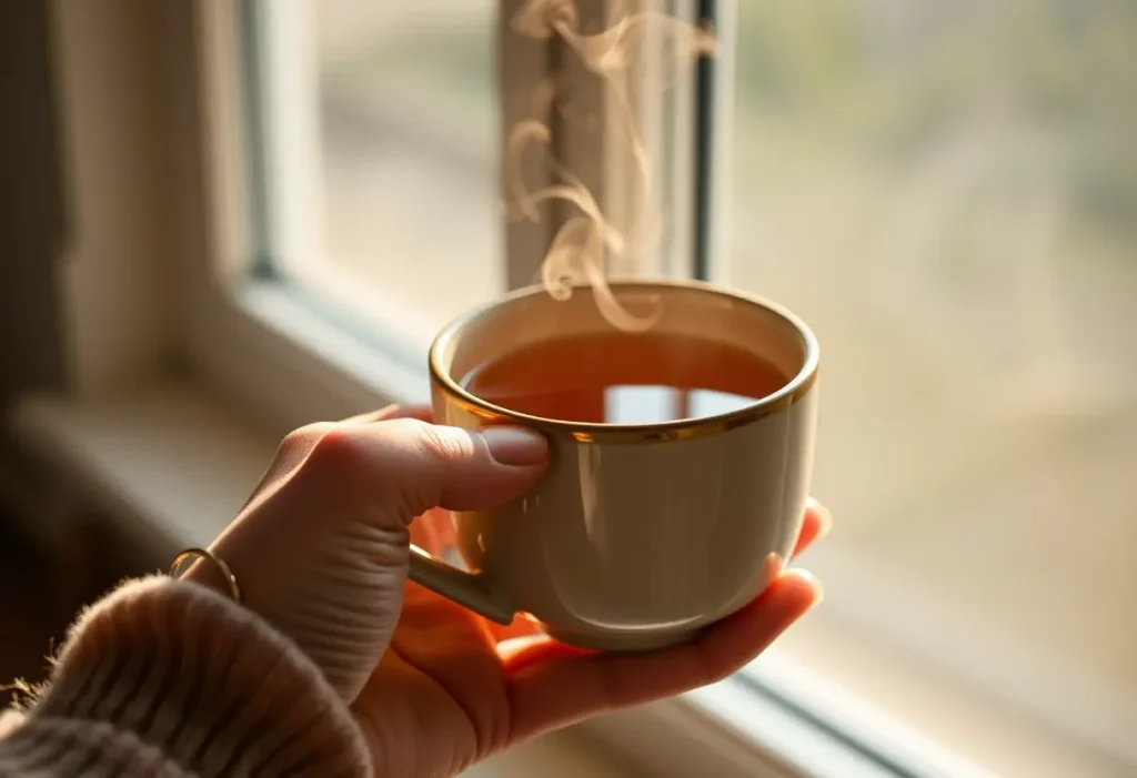 Une main féminine tient une tasse de thé chaud, source de réconfort