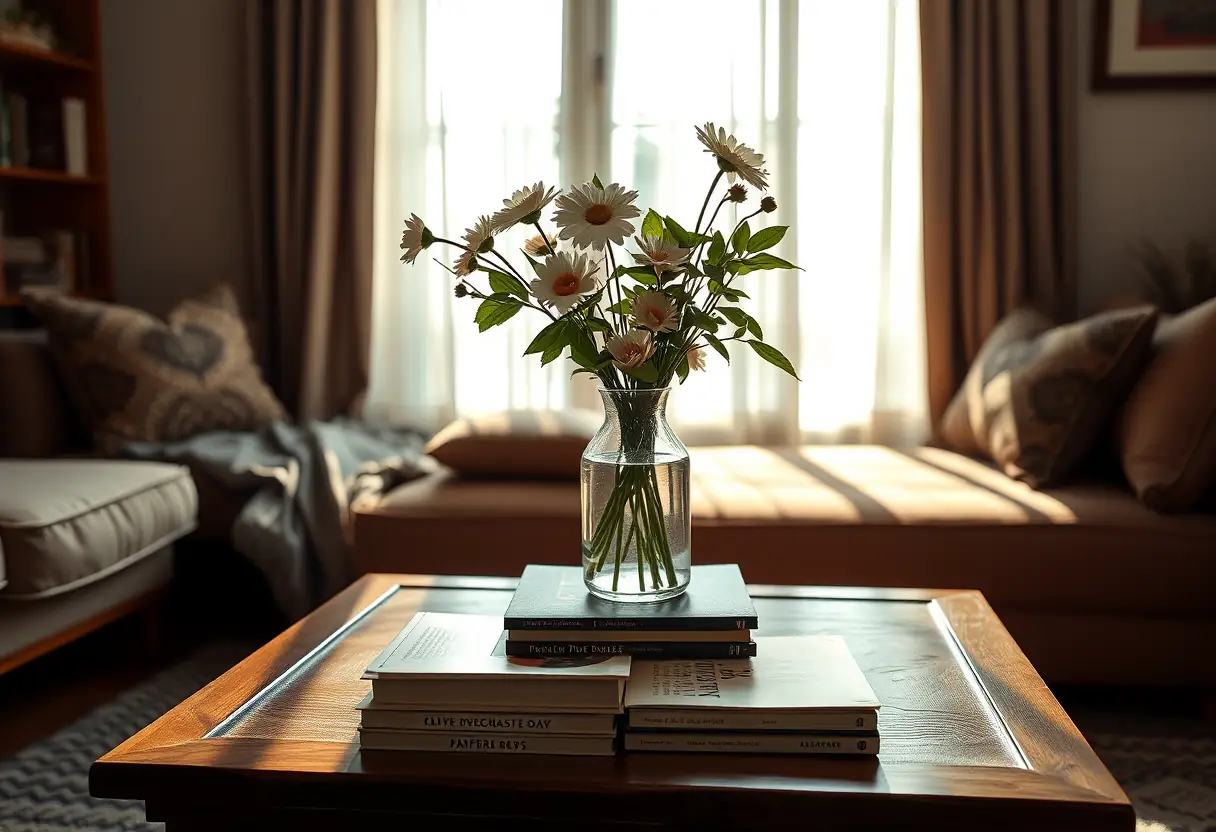 Un salon accueillant avec une table basse en bois chargée de livres et de fleurs fraîches