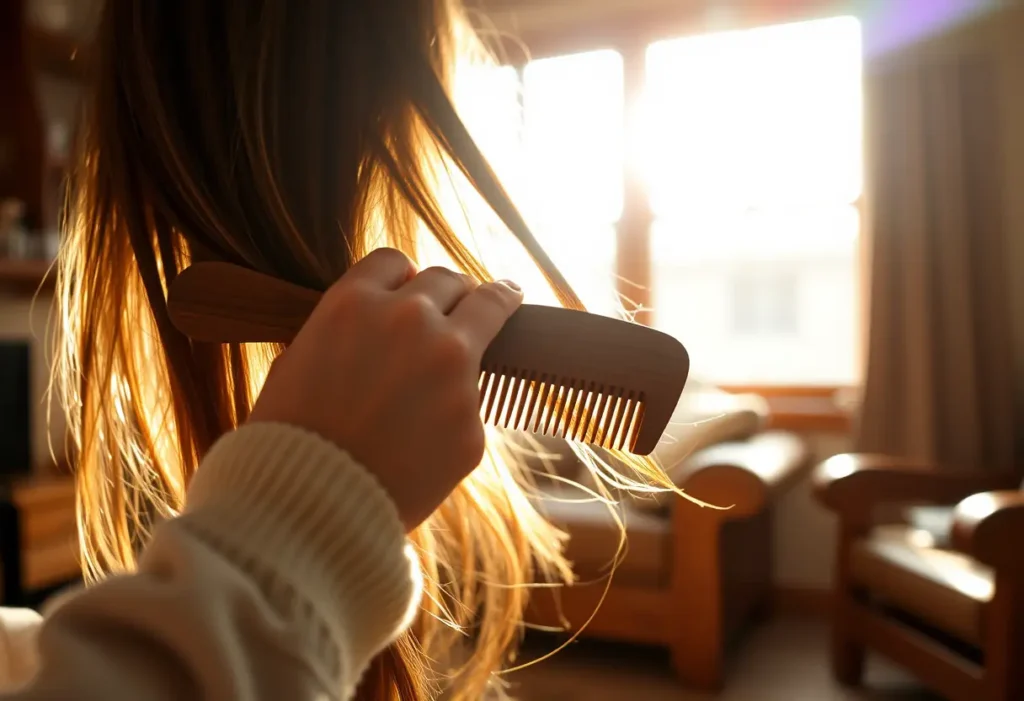 Une main féminine tient délicatement un peigne en bois tandis que la lumière du soleil éclaire la pièce