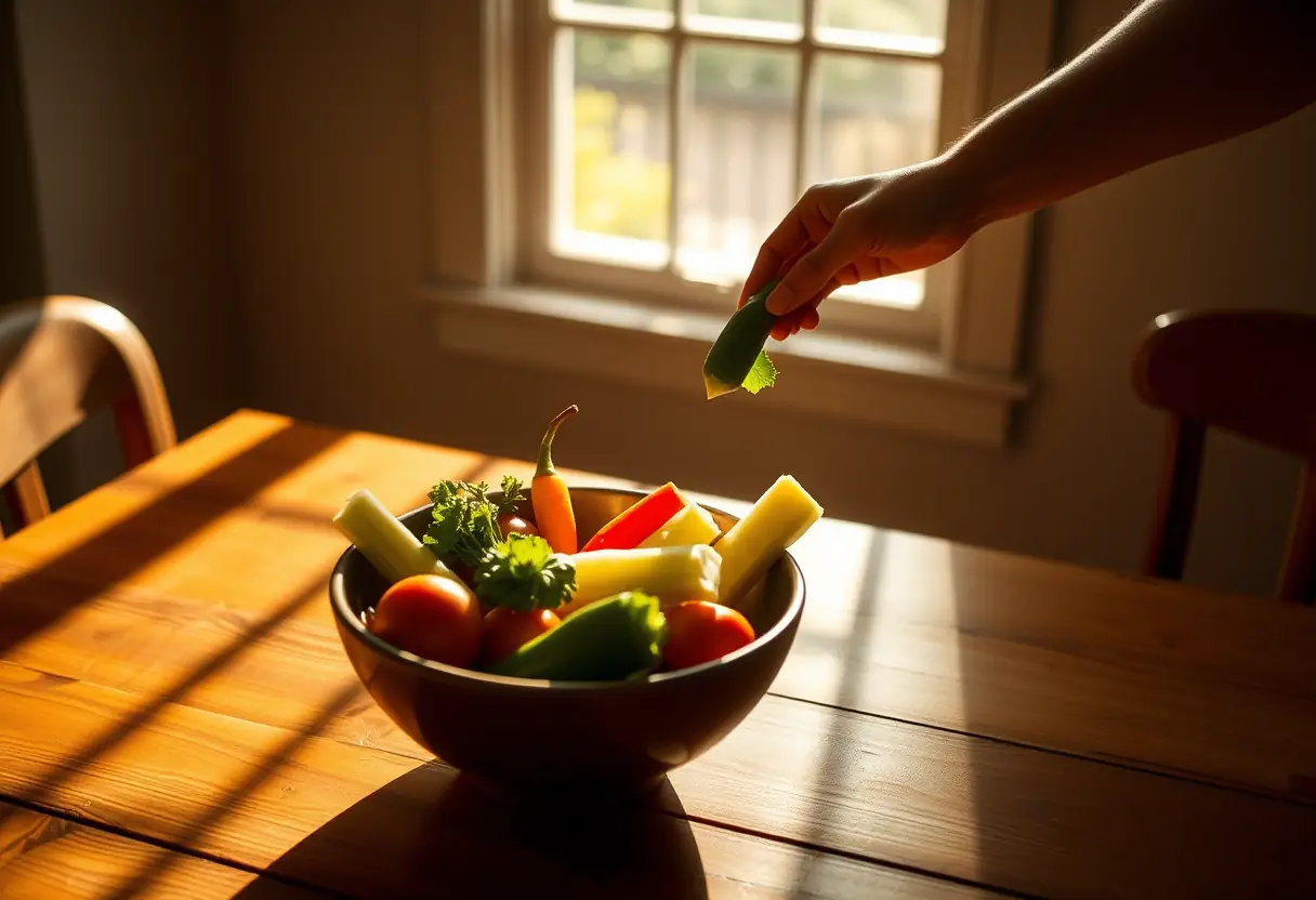 Un plateau de légumes frais sur une table de cuisine baignée de lumière naturelle.