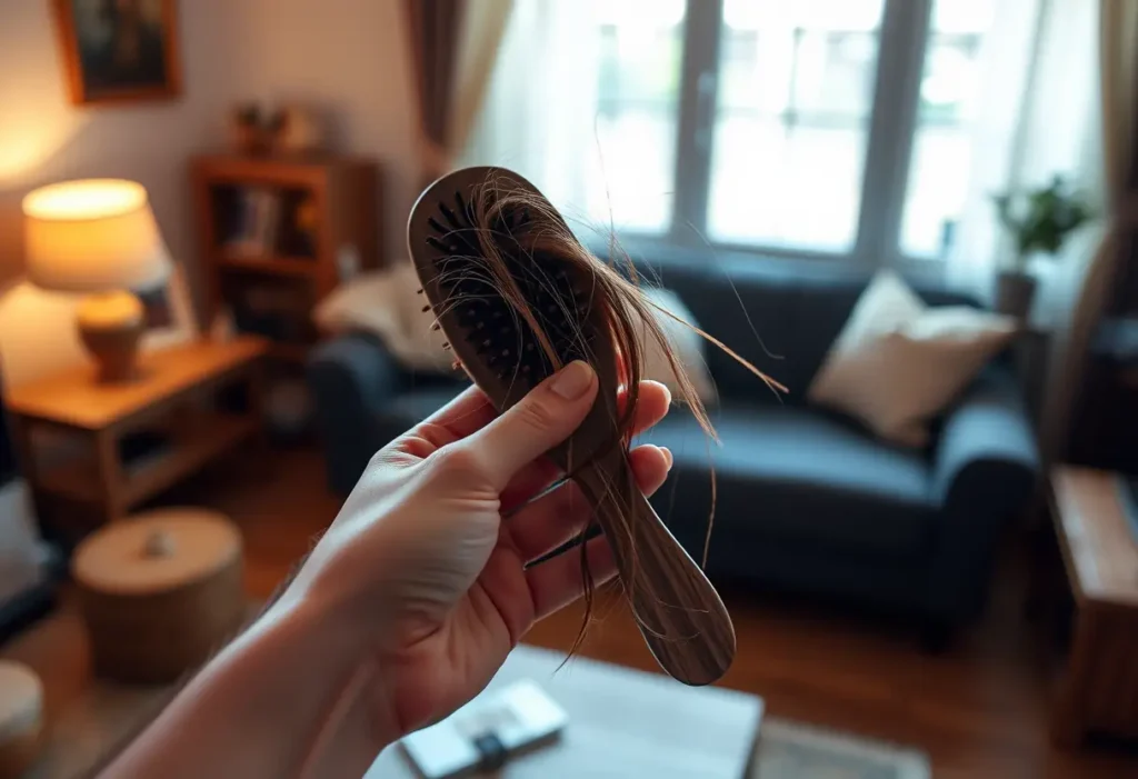 Une main féminine tient délicatement un peigne en bois rempli de cheveux tombés, dans un salon accueillant