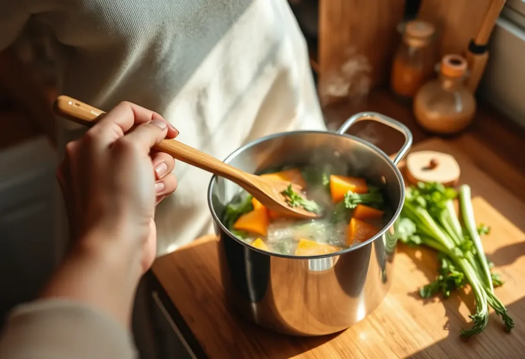 Une main féminine tenant une cuillère en bois en train de remuer des légumes cuits dans une cuisine, lumière naturelle chaude