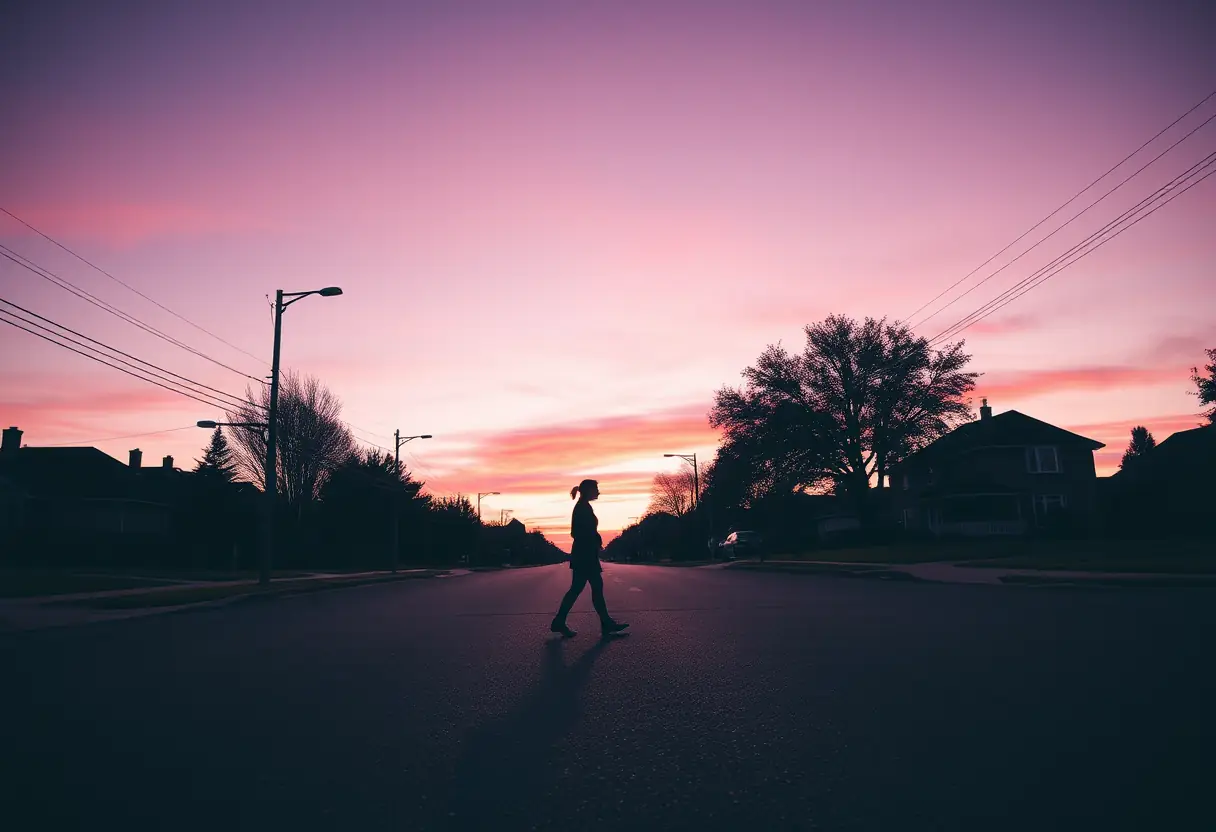 Un profil d’une femme qui marche seule sur une rue calme au crépuscule, la lumière du couchant teinte le ciel de pinks et de violets