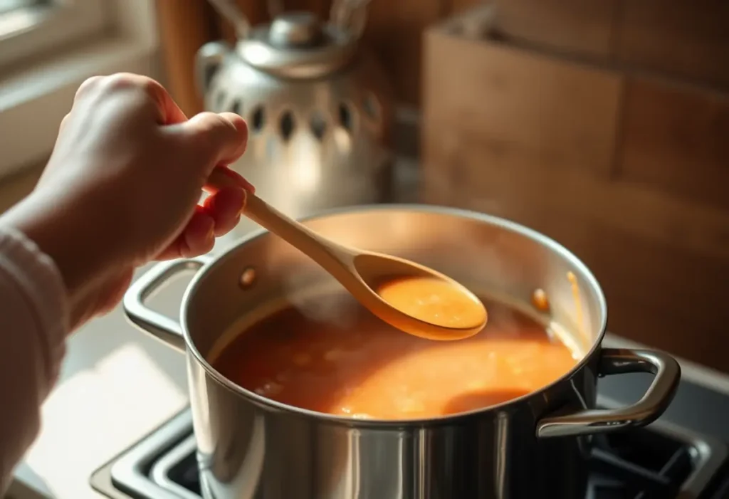 Une main féminine tenant une cuillère en bois au-dessus d'une marmite de soupe, symbolisant le confort et la chaleur.