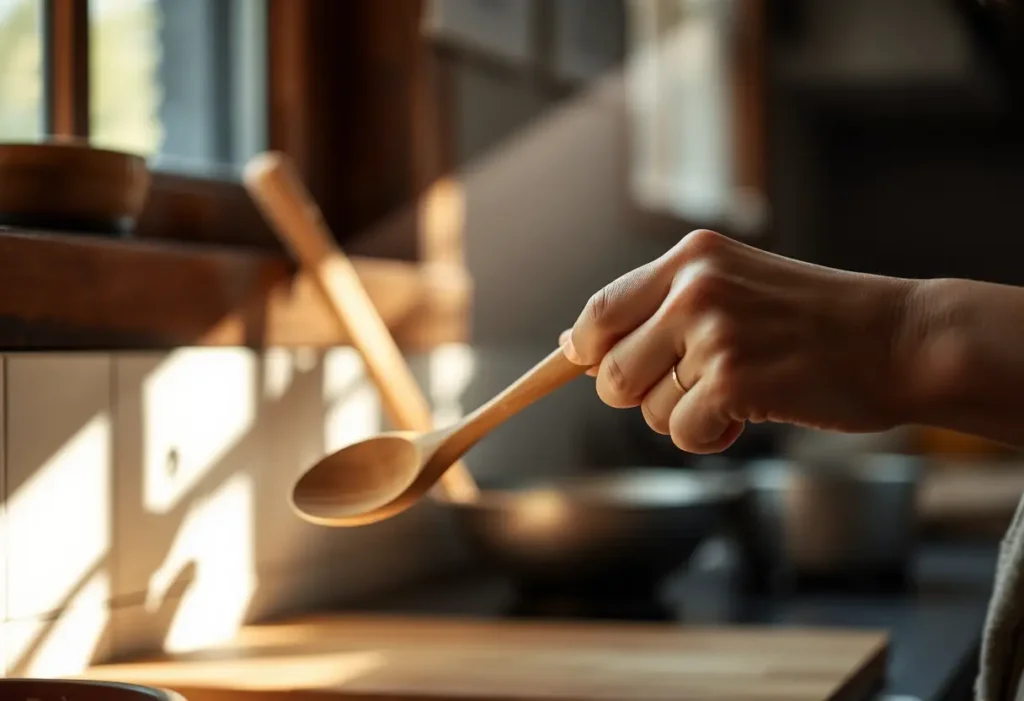 Une main féminine tenant une cuillère en bois dans une cuisine ensoleillée