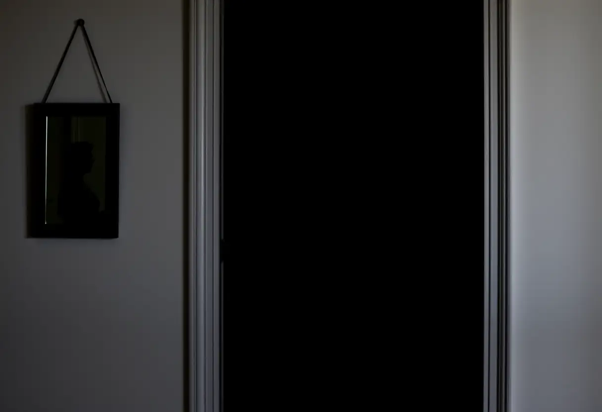 Un reflet d'une femme debout devant une porte dans sa maison