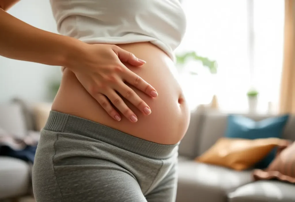 Une main posant une compresse chaude sur l'abdomen, dans un salon accueillant, pour prendre soin de soi