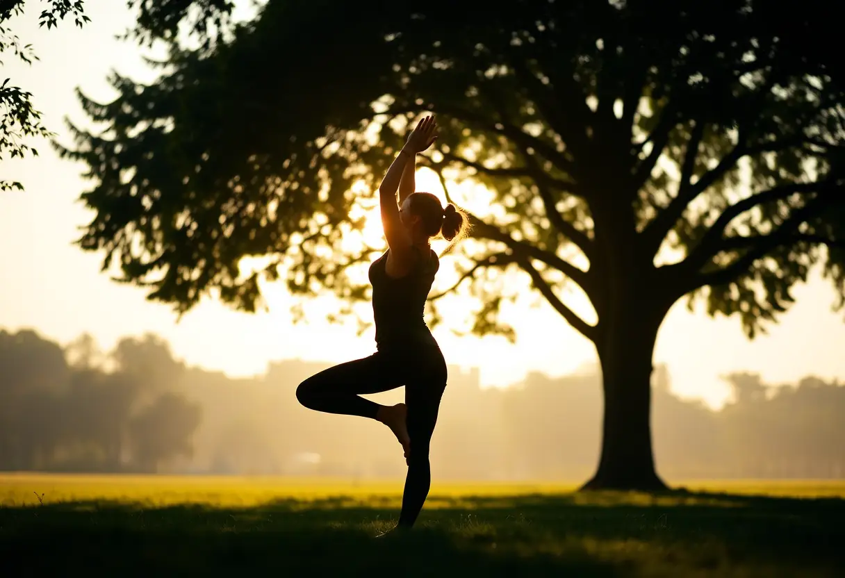 Silhouette de femme en yoga dans un parc calme, la lumière du matin soulignant la prise en charge de soi