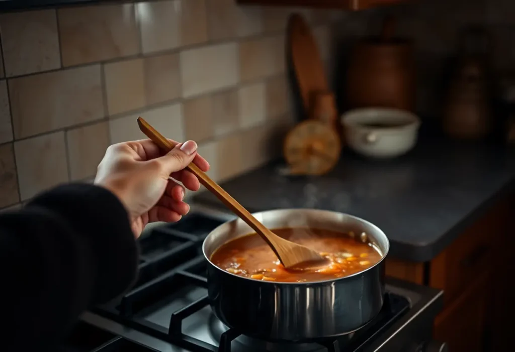 Une main féminine tient une cuillère en bois dans une cuisine accueillante.