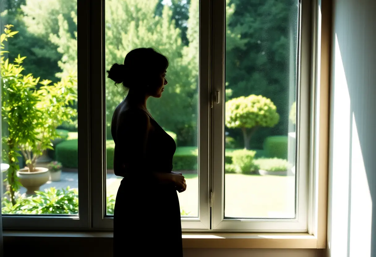 Un profil féminin se reflète à travers une fenêtre, éclairée par la lumière du soleil, regardant un jardin serein.