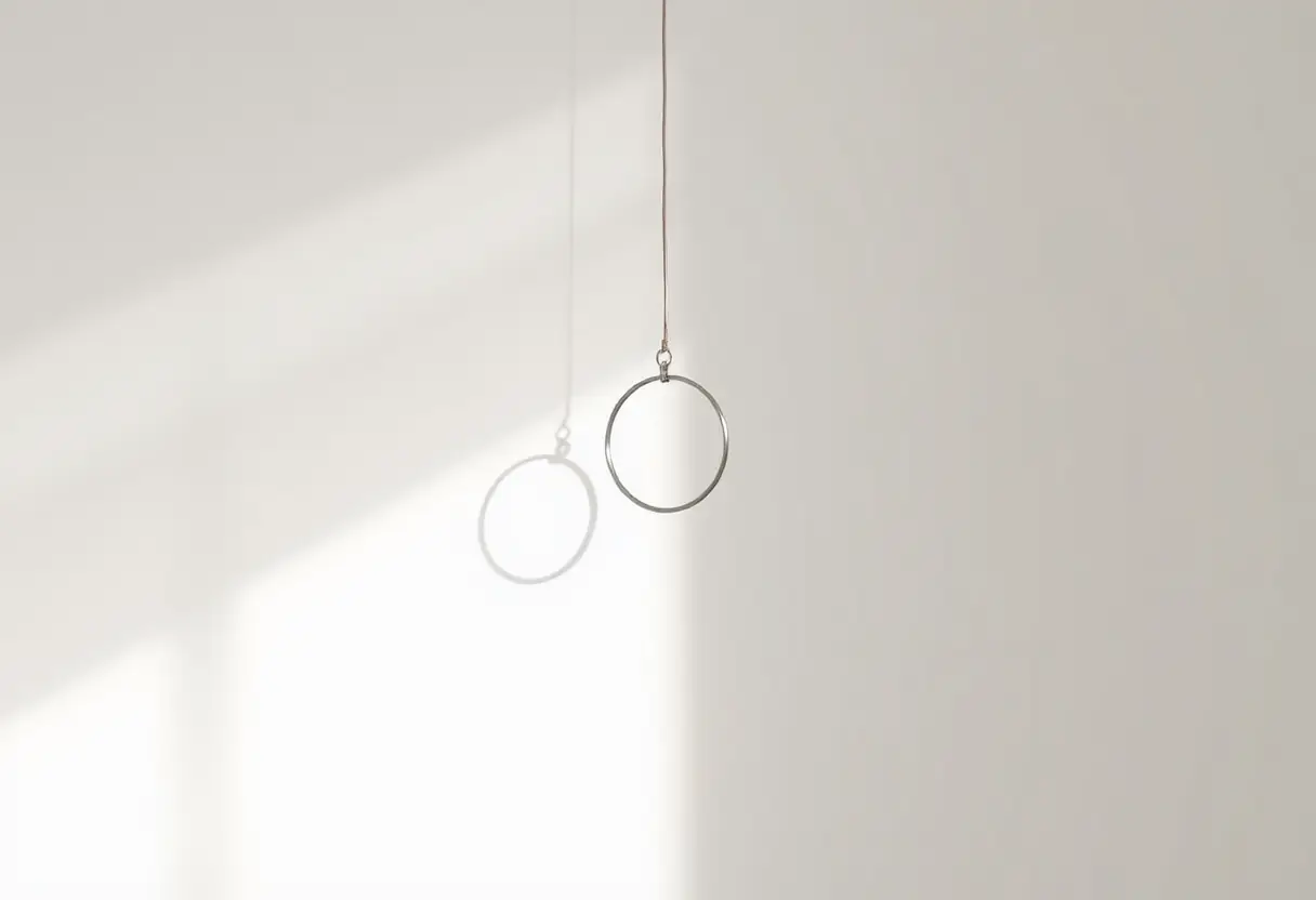 Un pendentif circulaire accroché à un fil sur un mur blanc, projetant une ombre douce