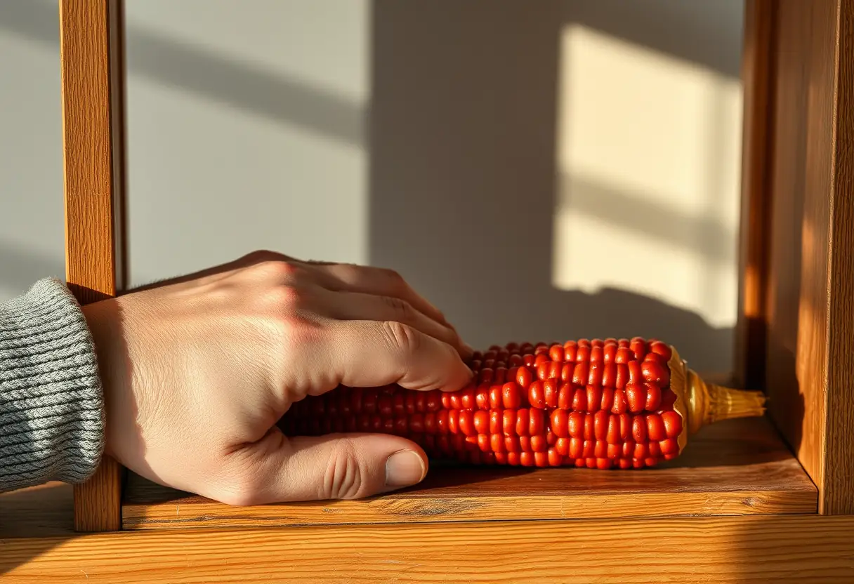 Main sur une étagère avec une pierre de cornaline