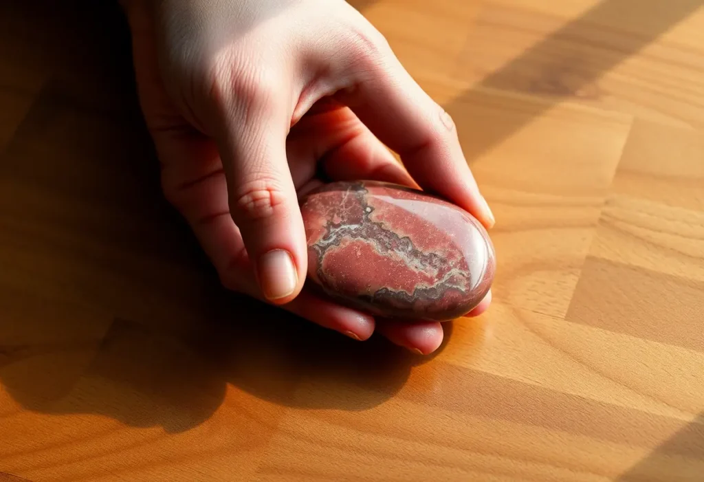 Une main tenant une pierre ovale de rhodonite posée sur une table en bois, éclairée par la lumière naturelle