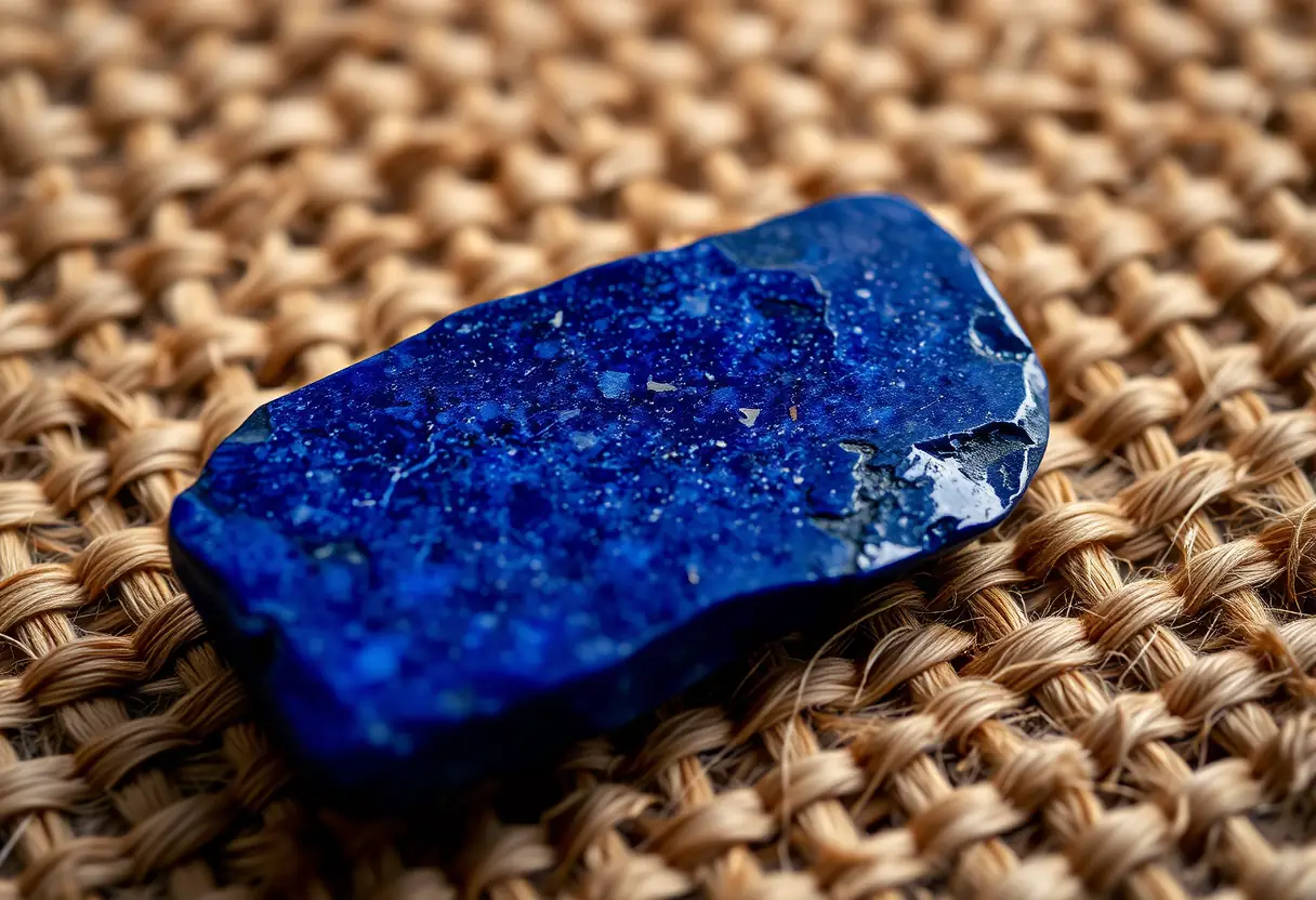 Un plan rapproché d’une pierre de lapis-lazuli posée sur un tapis tissé, la couleur bleue foncée contraste avec les tons chauds du tapis