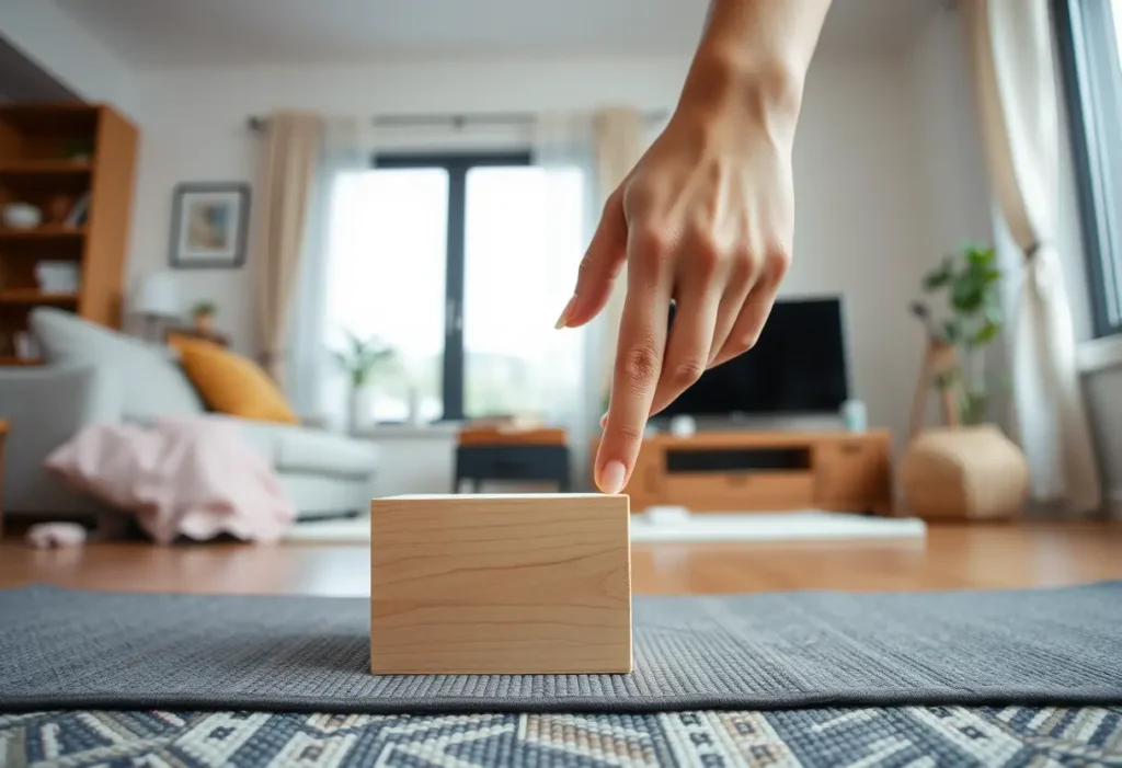 Main de femme posant un bloc en bois sur un tapis dans une pièce lumineuse, symbolisant stabilité et équilibre