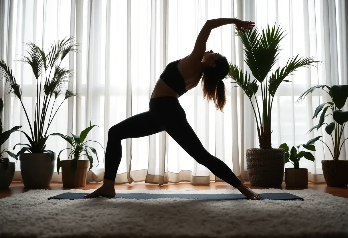 Silhouette de femme pratiquant la pose du pont sur un tapis doux entouré de plantes, illustrant la force intérieure