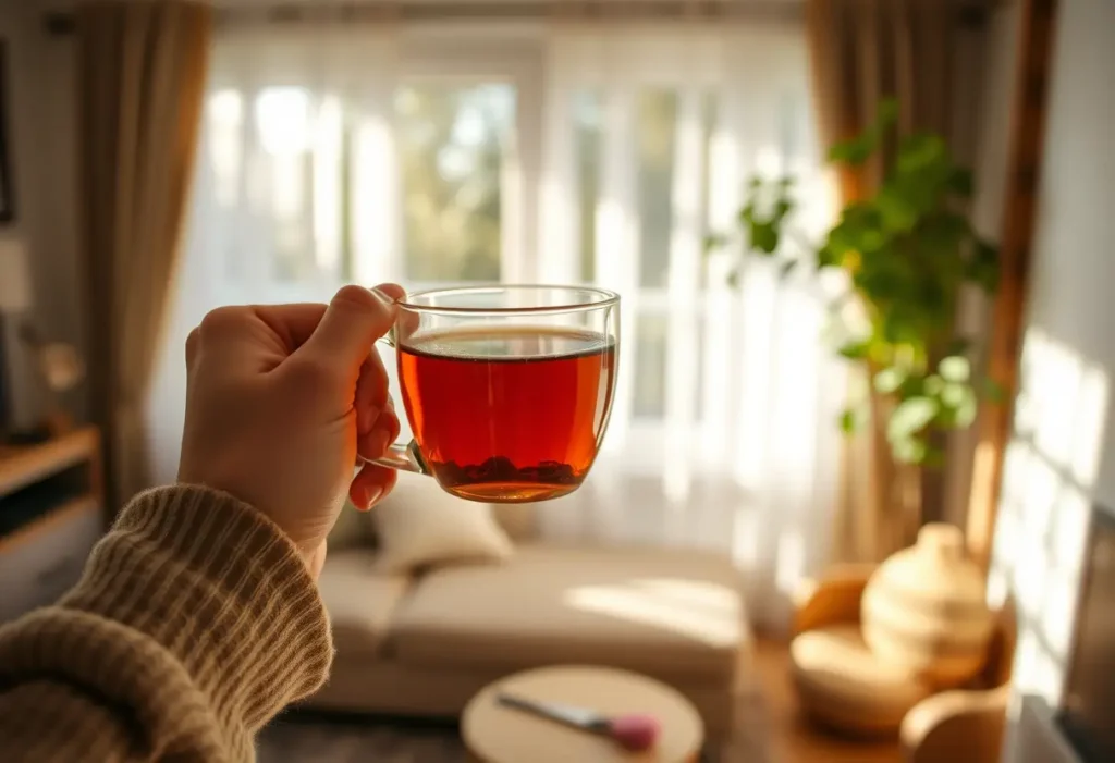Une main tenant une tasse de thé chaud dans un salon accueillant, favorisant la détente et la bien-être après l'accouchement.