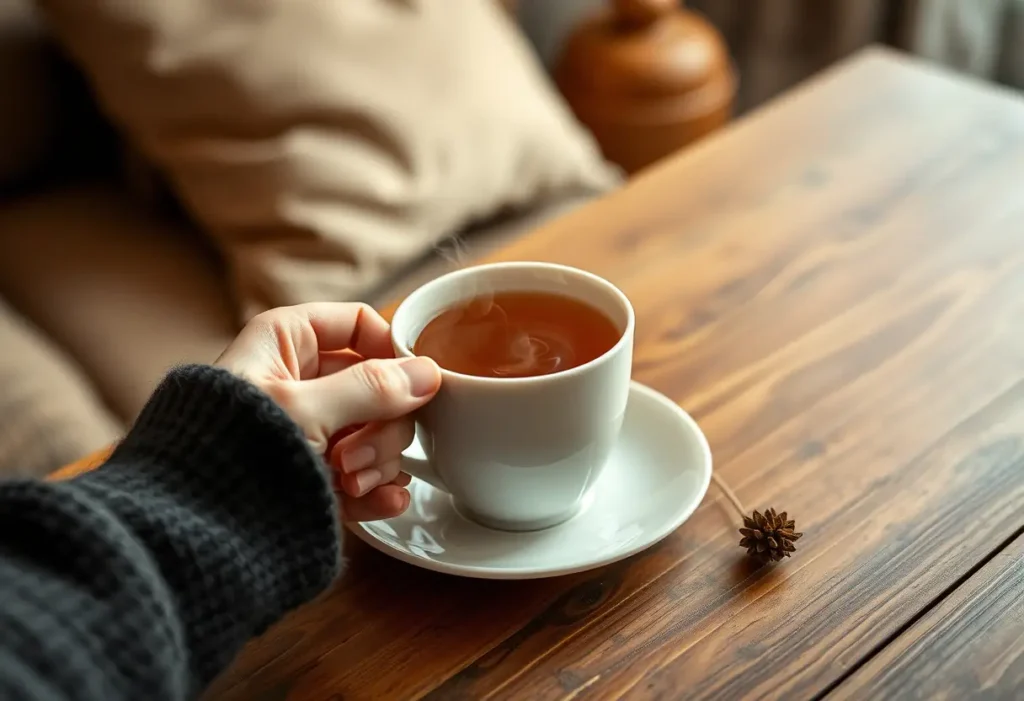 Une main féminine tenant une tasse de thé chaud dans un salon accueillant, bien-être post-partum