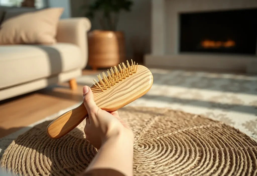 Une main féminine tient délicatement un peigne en bois posé sur un tapis en jute dans une pièce accueillante